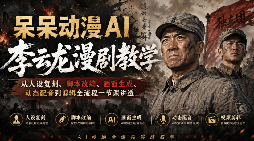 免费资源-呆呆动漫AI李云龙漫剧教学，从人设复刻、脚本改编、画面生成、动态配音到剪辑全流程一节课讲透-知铺资源网