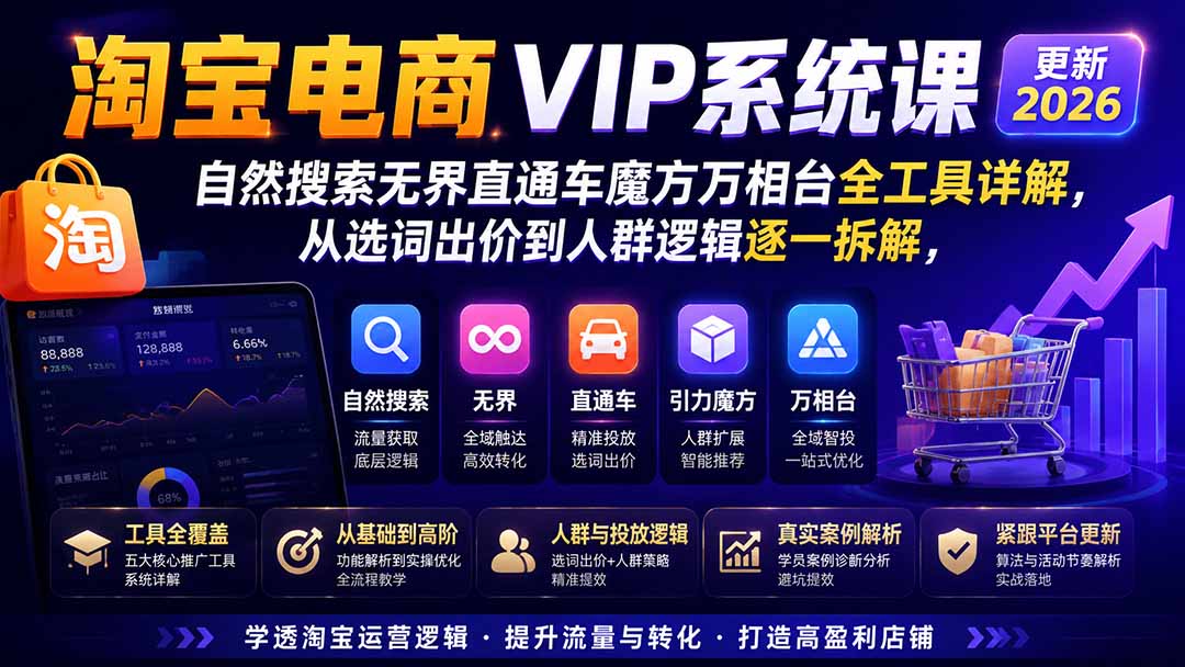 免费资源-2026淘宝电商终局之战VIP课-更新：自然搜索+直通车+无界+精准人群，系统掌握测款动销与全店推广布局方法-知铺资源网